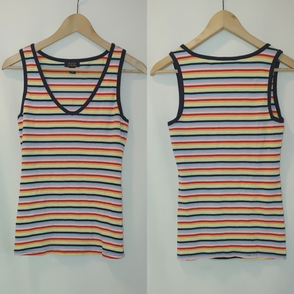 Halogen x Atlantic Pacific Rainbow Stripe Vneck Sleeveless Tank Ribbed XS Pride‎ - Picture 1 of 6